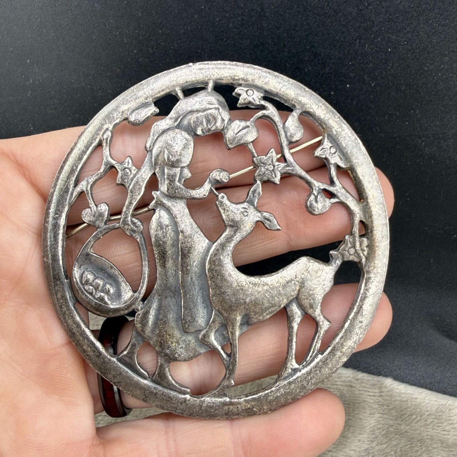 Vintage Little Nemo Brooch Silver Tone Girl with Deer Signed
