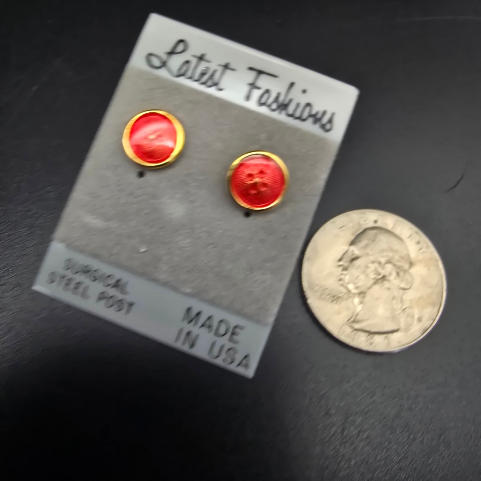 Coral Orange Enamel Button Stud Earrings Pierced Vintage 1980s 1990s NOS On Card