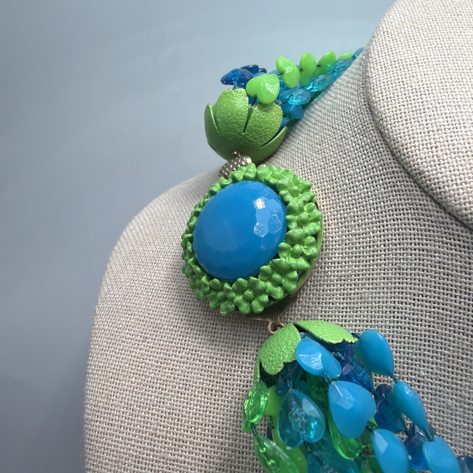 Vintage Multi Strand Hearts Necklace Acrylic Green & Blue Gold Toned Size 16”