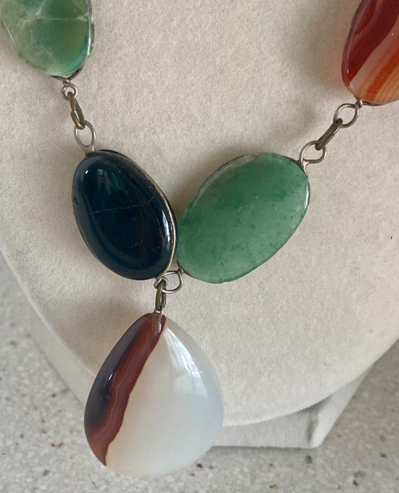 Multicolor Polished Stone Agate Quartz Statement Necklace Bracelet Set Silver