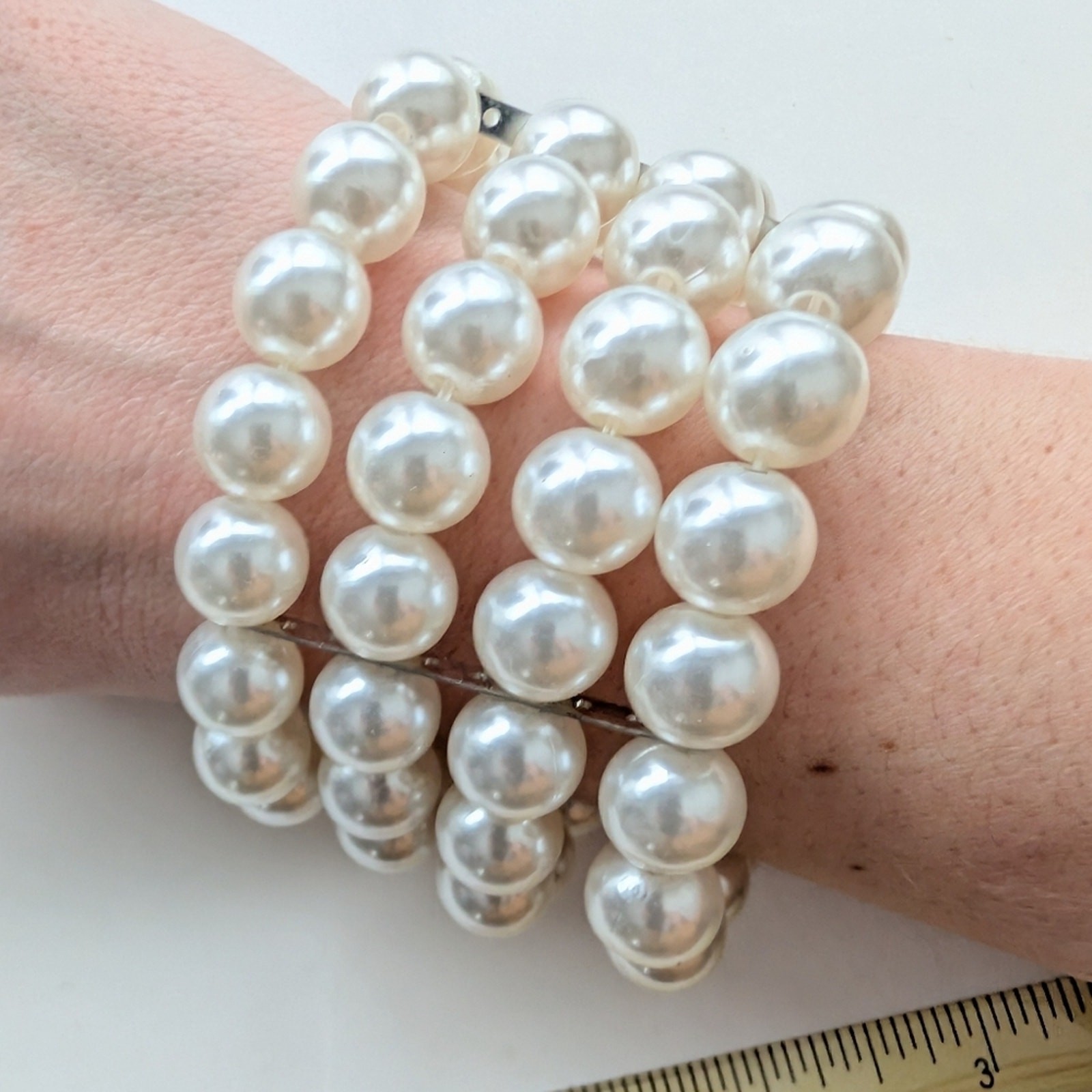 Trendy Multi Strand White Faux Pearl Classic Evening Event Stretch Bracelet