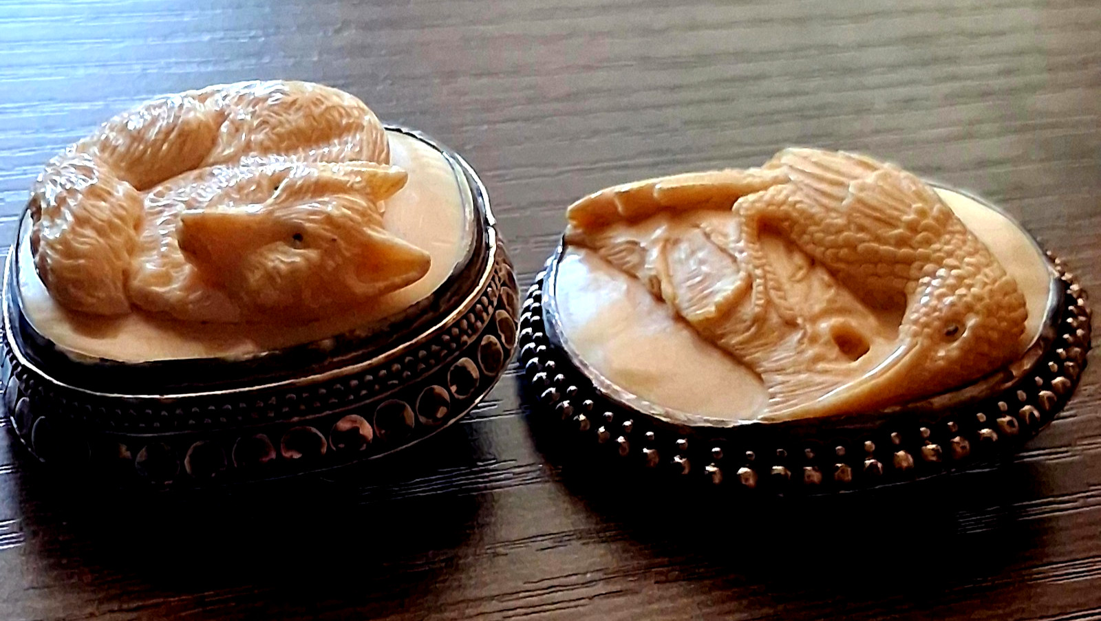 Vintage 925 Sterling Silver Hand Carved Bone Cameo Brooch Pendant Set Fox Bird