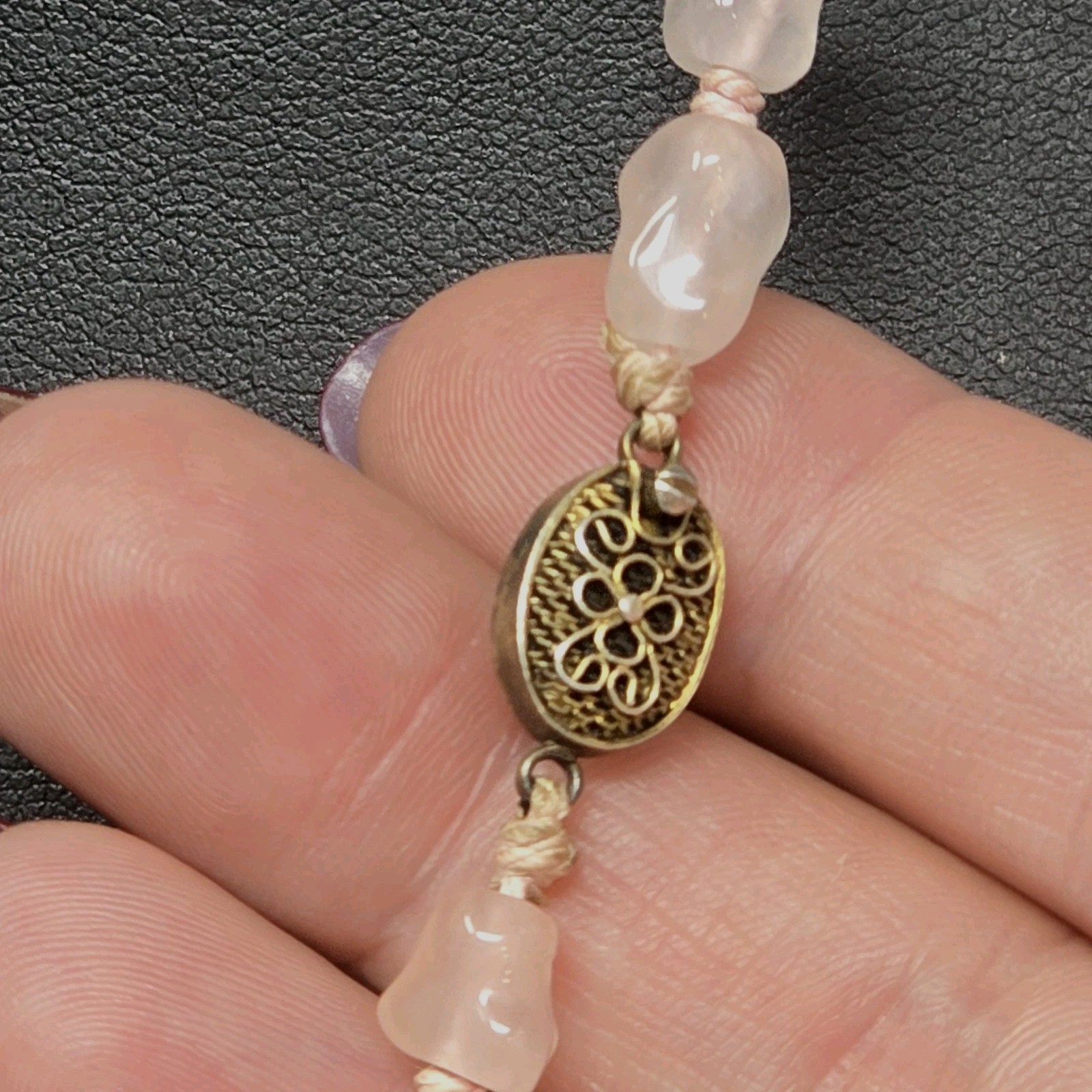 Antique Art Deco Knotted Rose Quartz Necklace Fancy Filigree Clasp Victorian 26″