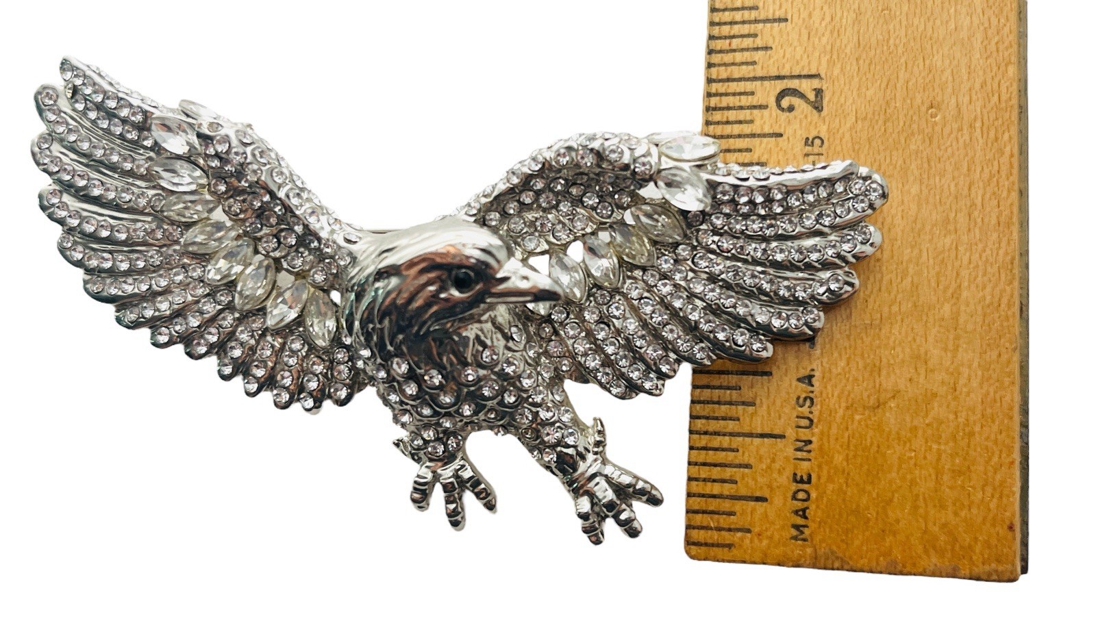 Vintage 80’s Chunky Glass Rhinestone Figural Eagle Brooch Pendant Military Style