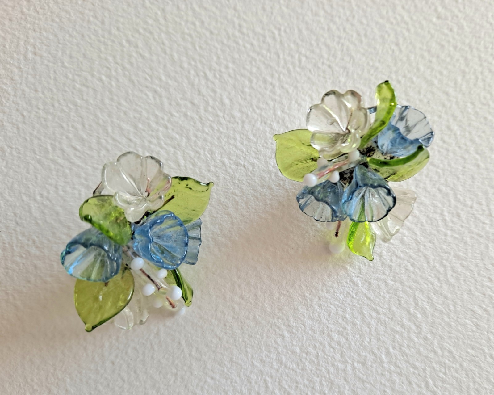 Vintage Italy Murano Blue Venetian Glass Flower Cluster Clip Earrings