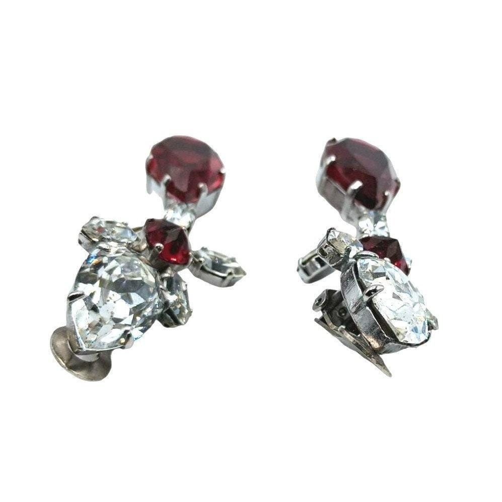 Schreiner Vintage Rhinestone Clip On Dangle Earrings Women Red Silver Tone