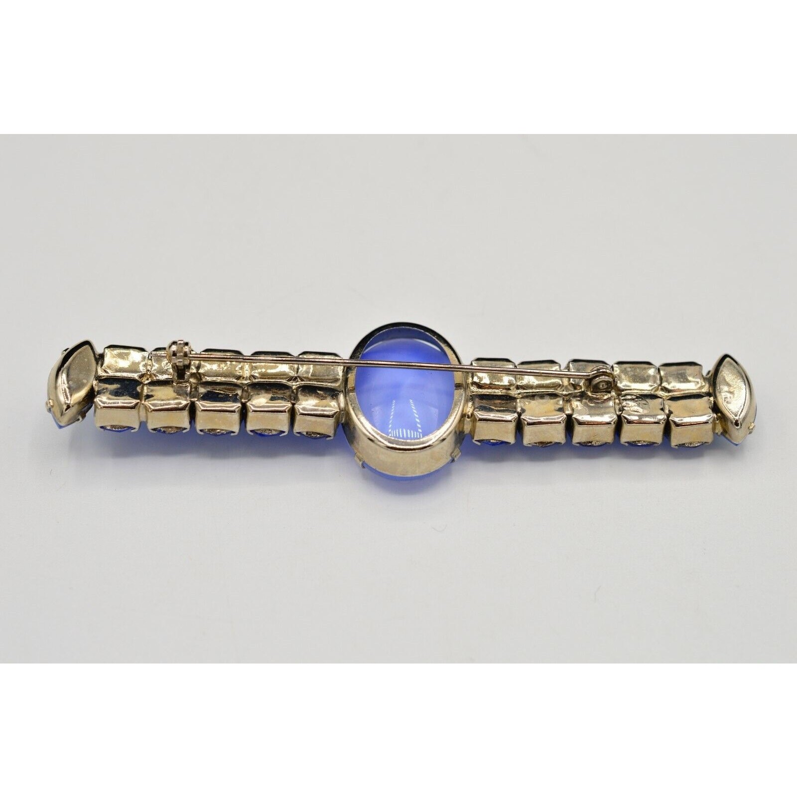 Vintage Cabochon Crystal Pin Brooch Prong Rhinestone Blue Bar Chunky 1980s BinV
