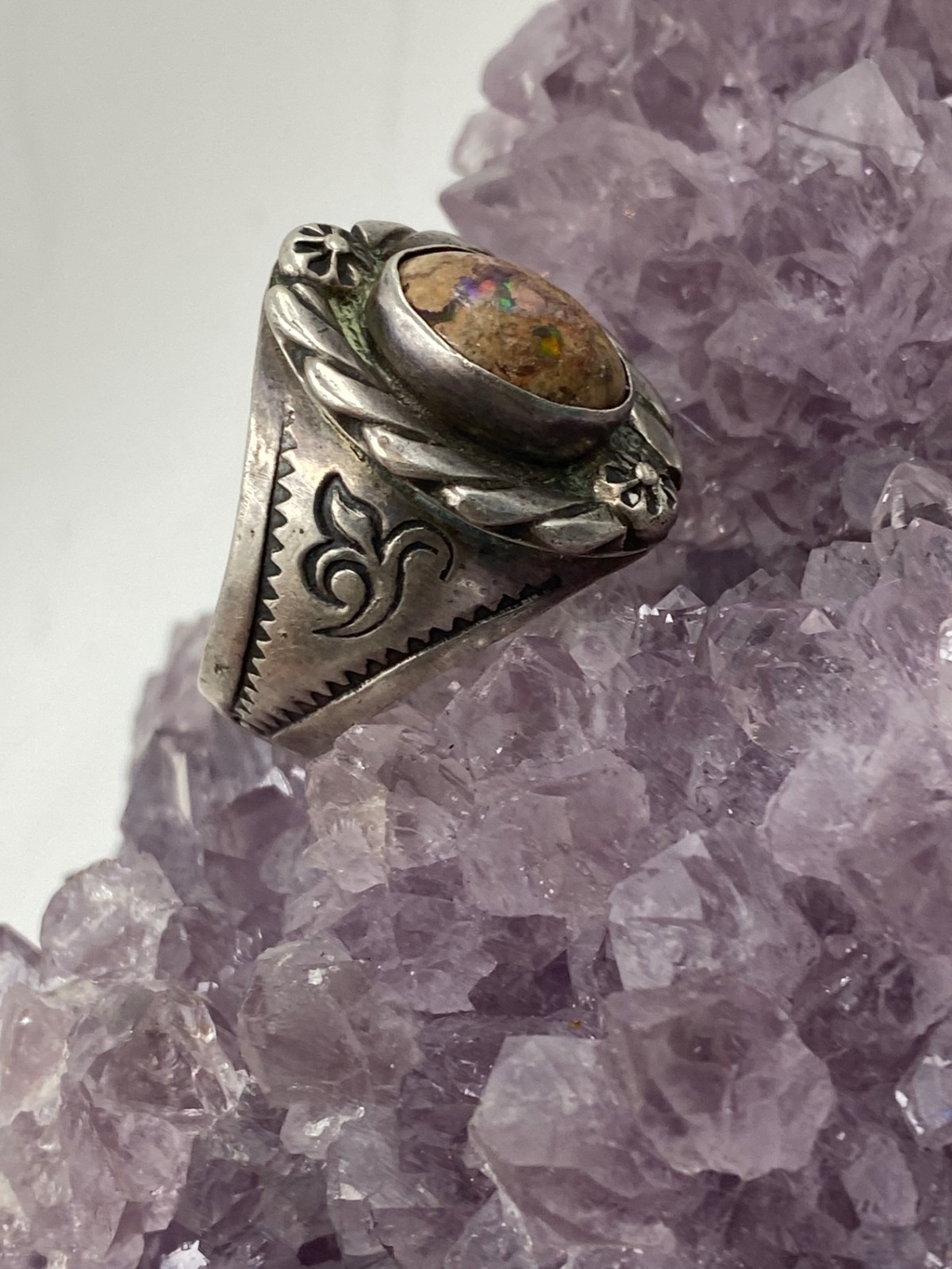 Vintage Sterling Silver Boulder Opal Ring Size 11