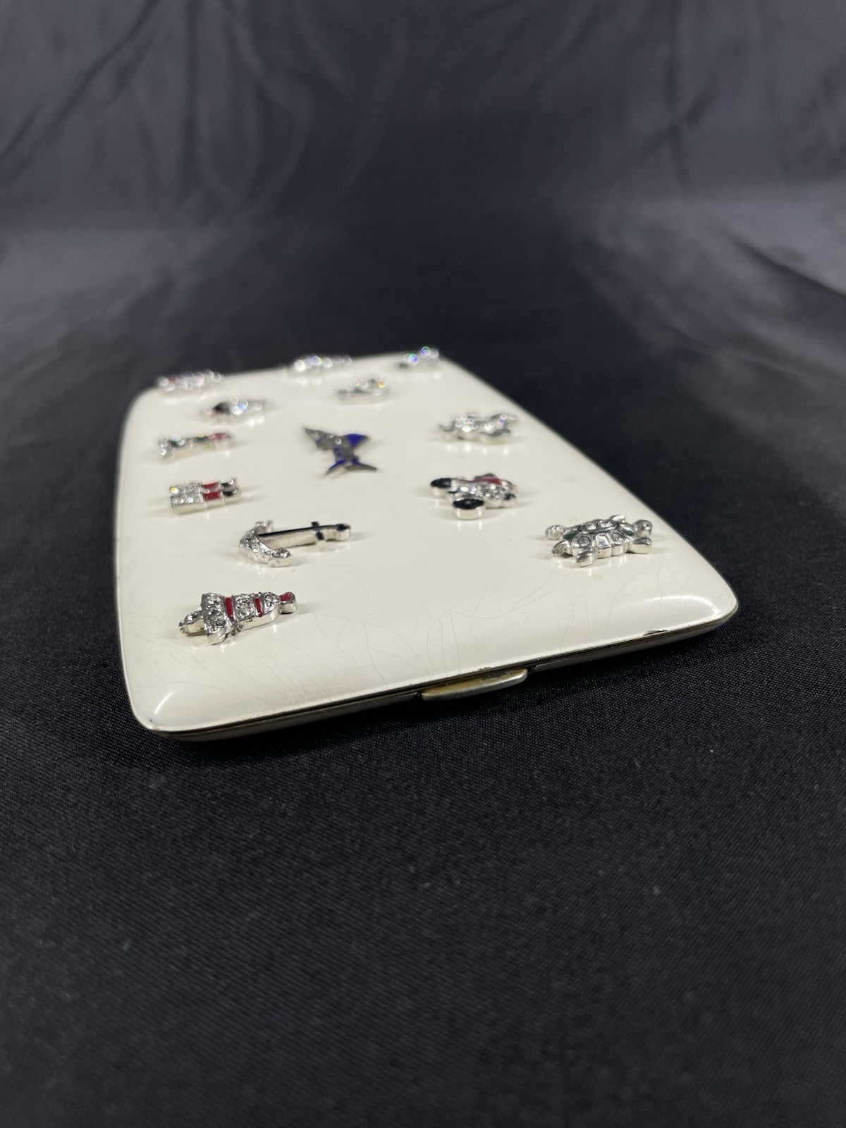 Art Deco Lg Compact Walter Lampl Trifari Applied Charms Swordfish Cat Turtle Etc