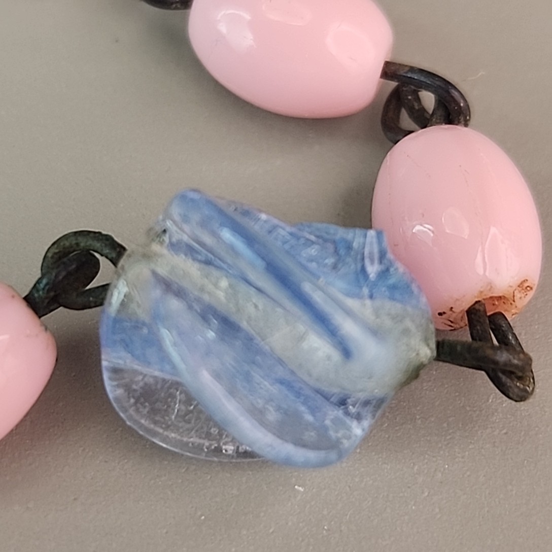 Vintage Art Deco Beaded Necklace Blue Givre Pink Milk Glass 59″ Long Flapper