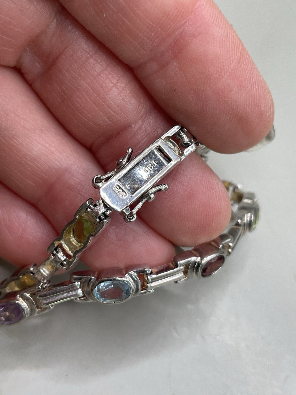925 Sterling Silver Signed DBJ Genuine Multi Gemstones Tennis 7.25” Bracelet