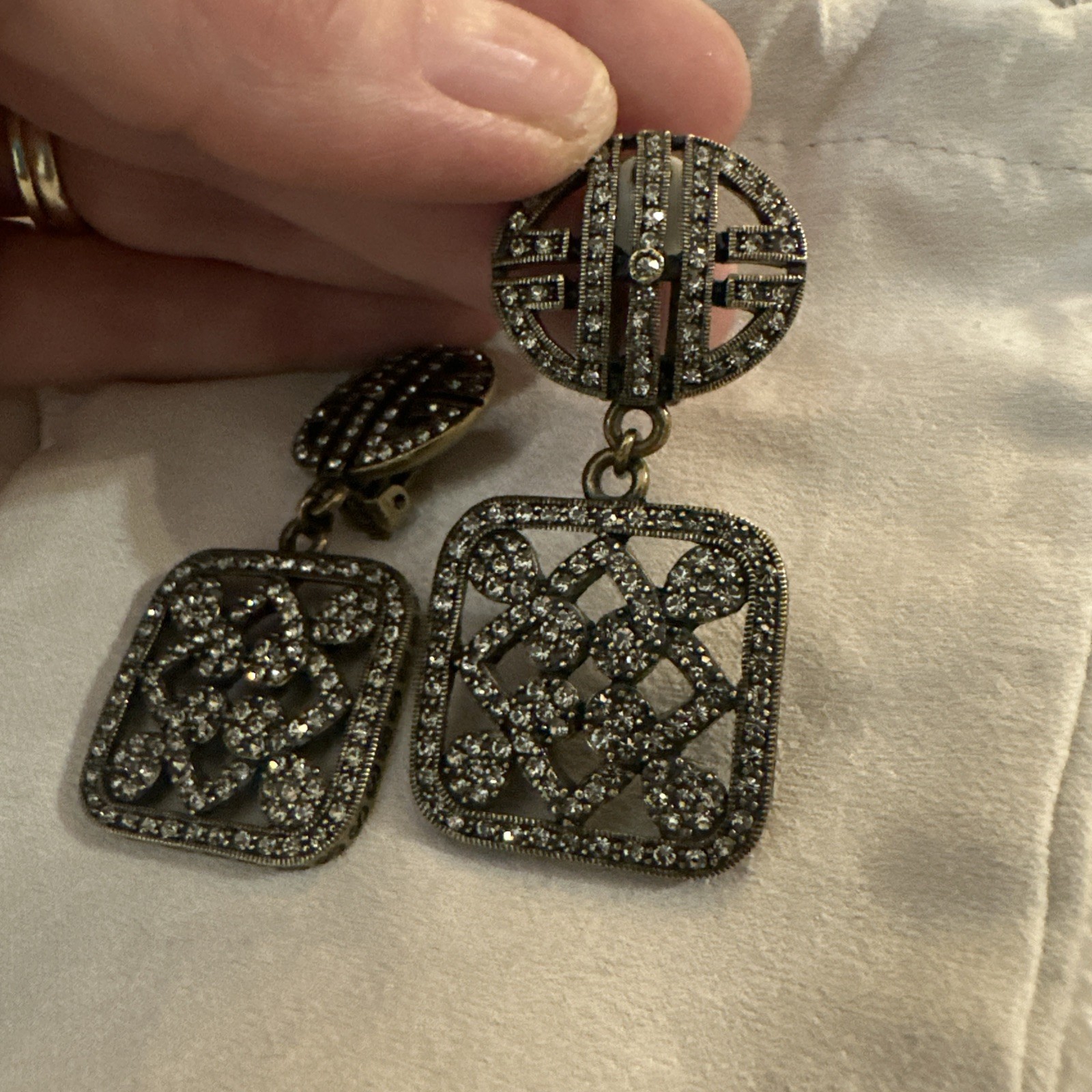 Heidi Daus Crystal Rhinestone Square Dangle Clip-On Earring Signed