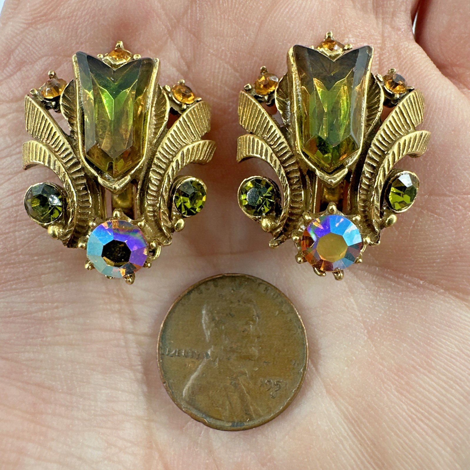 Vintage Florenza Aurora Borealis Earrings Gold Clip AB Rhinestone Art Glass
