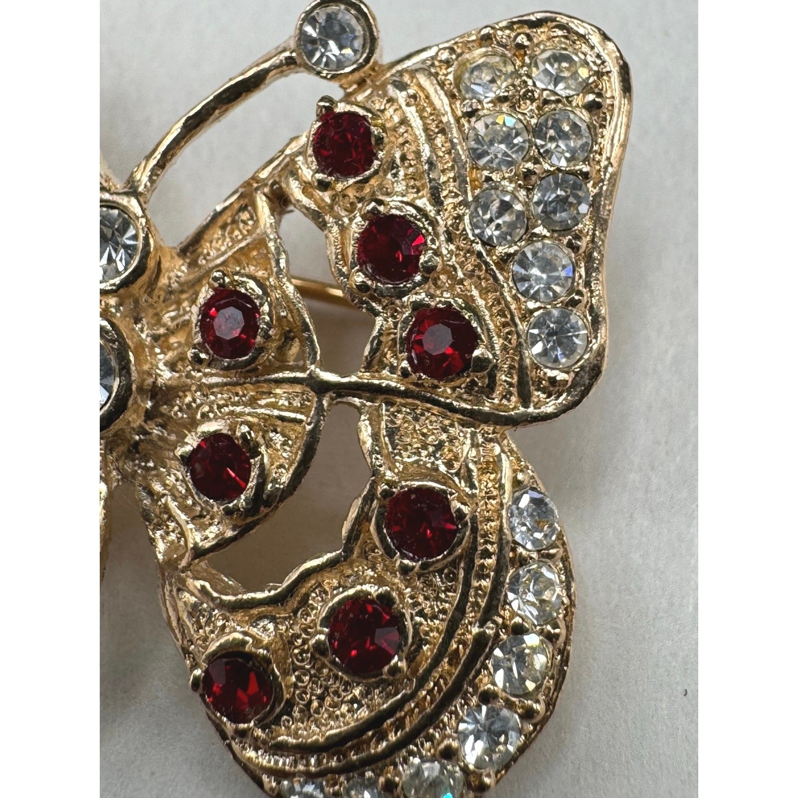 Vintage Roman Butterfly Rhinestone Red White Gold Tone Brooch Pin