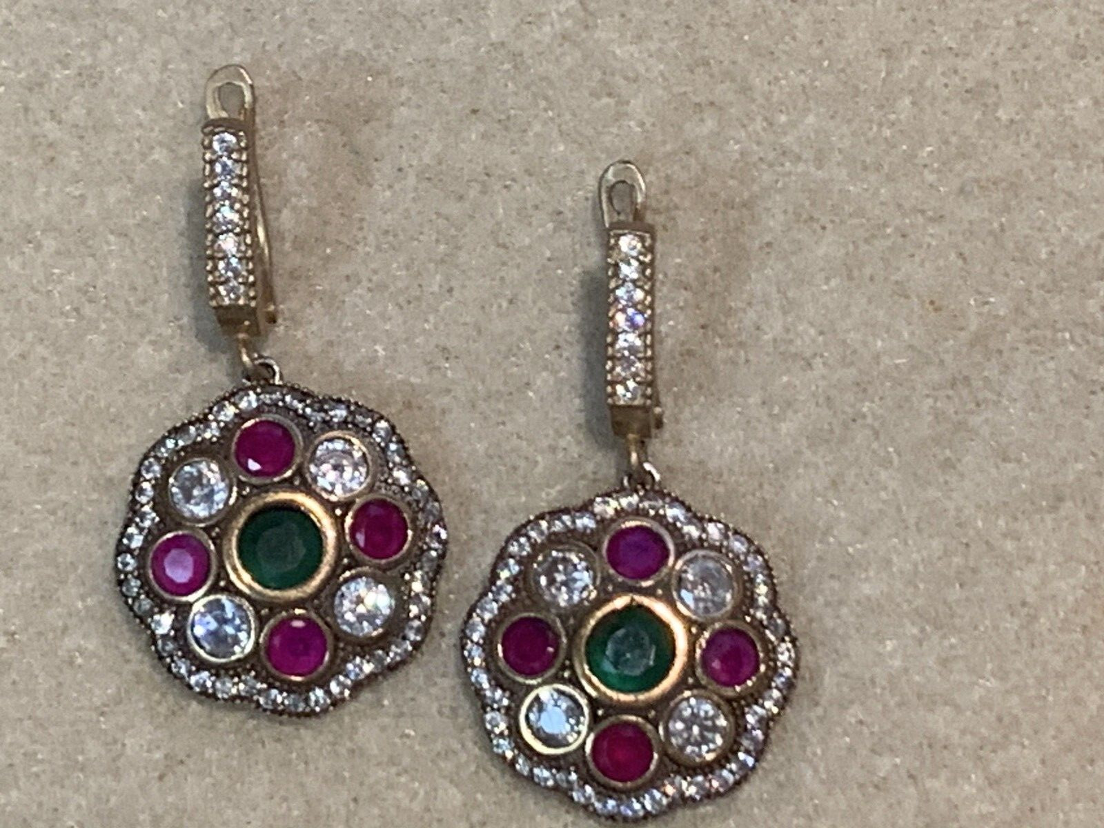 HUGE SALE**ESTATE VTG. EMERALD/RUBY/WHITE ZIRCON OTTOMAN EARRINGS-NEVER WORN