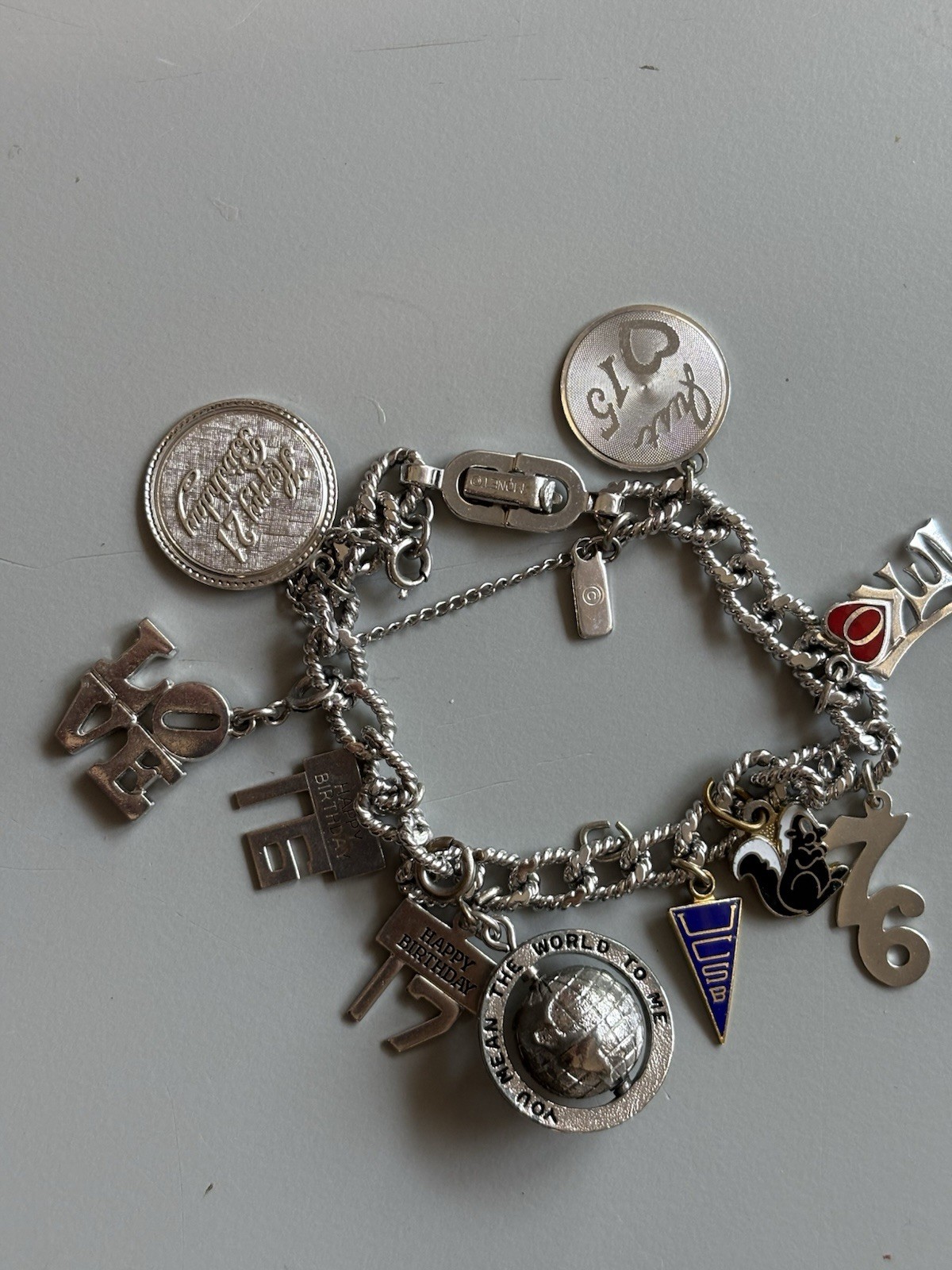 VTG Monet Sterling Charm Bracelet with Happy Birthday Charms,76 & Globe Charm