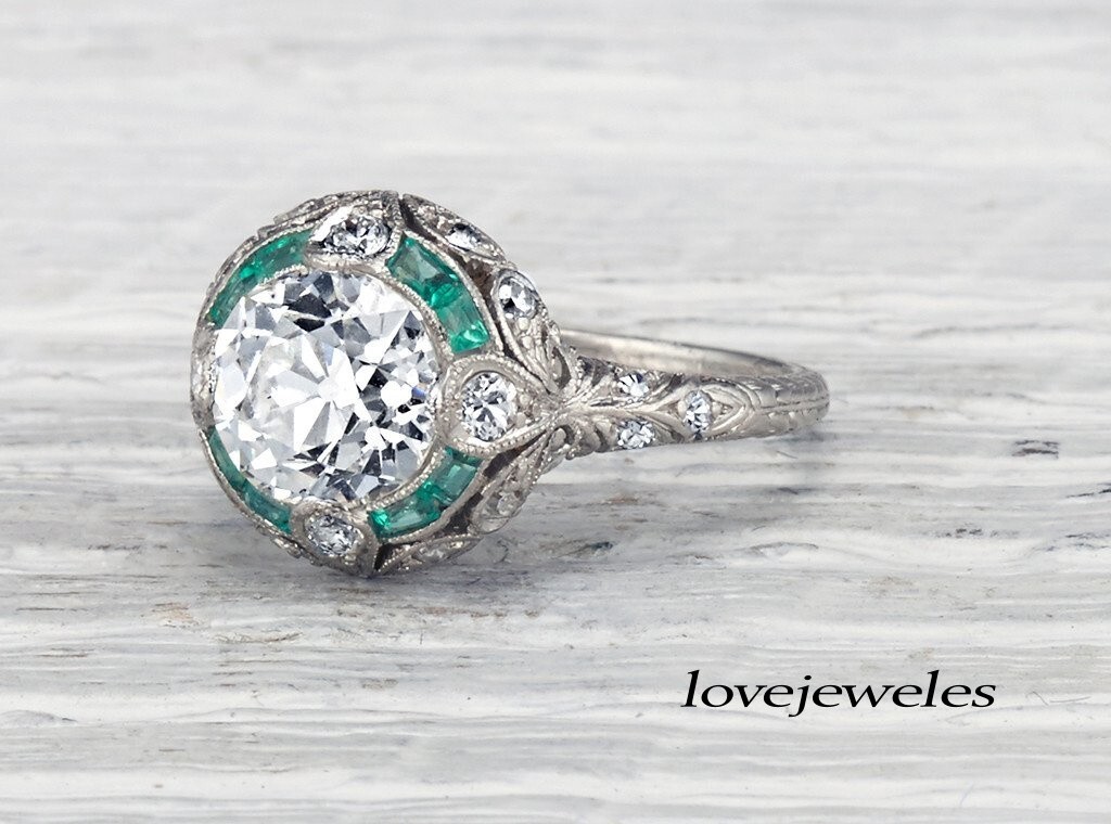 Art Deco Vintage 3CT Round Lab-Created Diamond Engagement Ring 14K White Gold FN