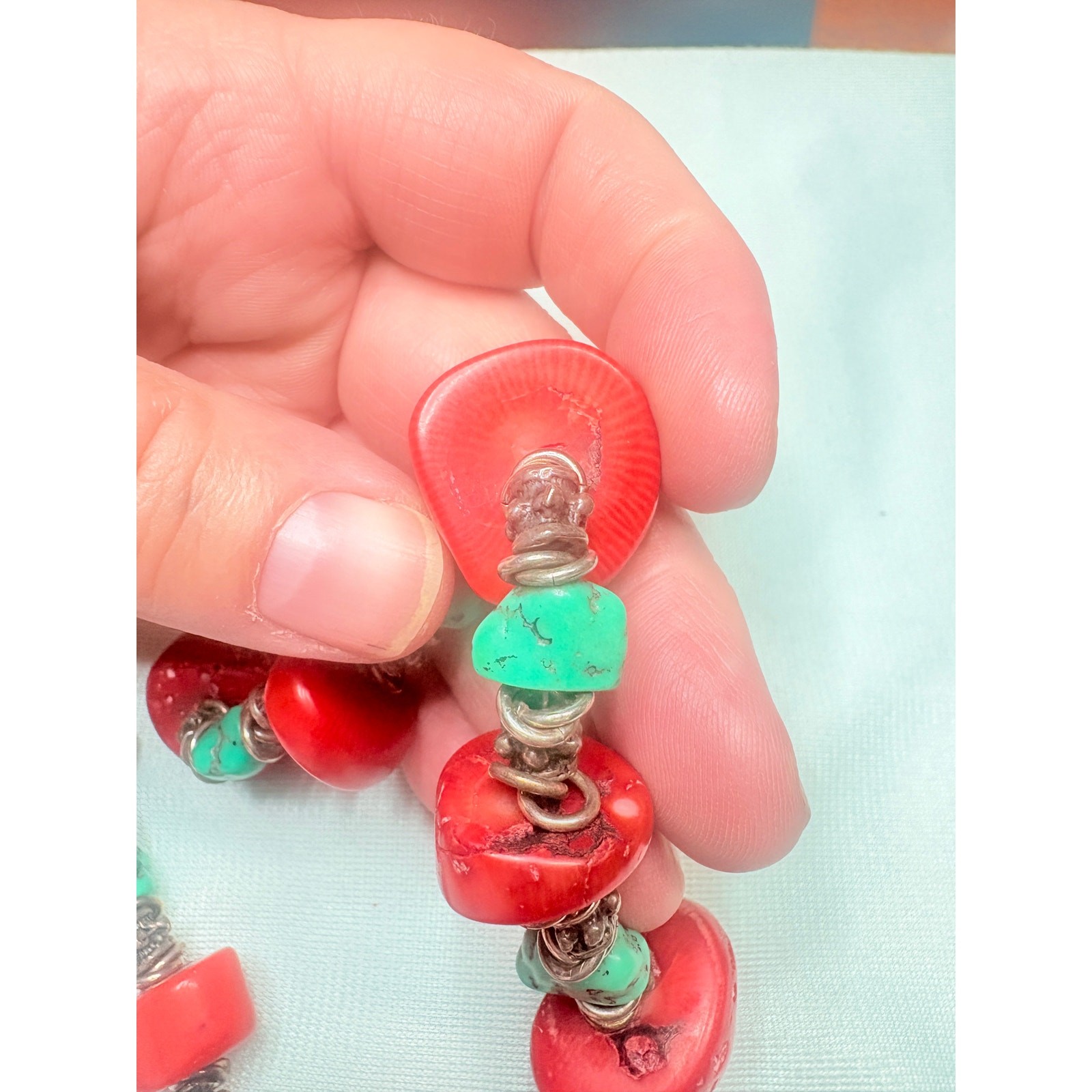 Artisan Bamboo Coral & Composite Turquoise Necklace with Sterling Silver Accents