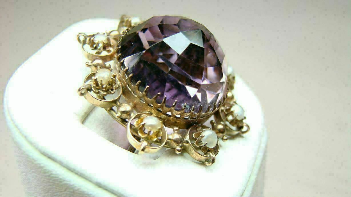 🌟Large Antique 8K Gold Amethyst w Pearls Pin & Faceted Dome-Shaped Stone