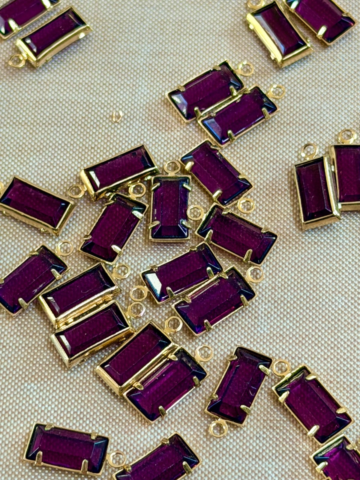 20 Vintage Brass Set Amethyst Emerald Cut Crystal Charms 8x4mm NOS Art Deco