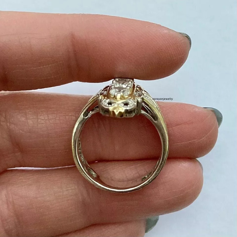Navette Vintage 1.50Ct Round Cut Diamonds CZ Barr Ring 14K Two Tone Gold Finish