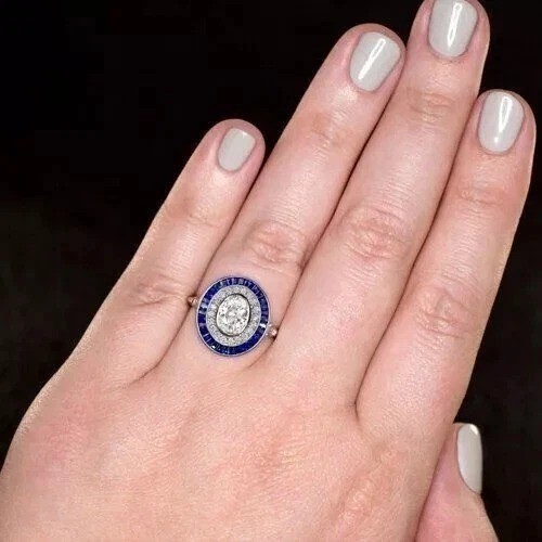Art Deco Vintage Lab Created Diamond & Halo Sapphire Engagement 925 Silver Ring