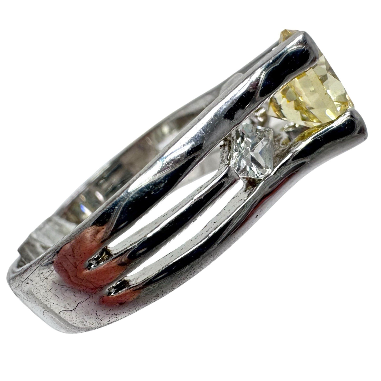 Vtg Silver Tone Yellow Round Crystal Solitaire Ring Clear Side Rhinestones 8.25