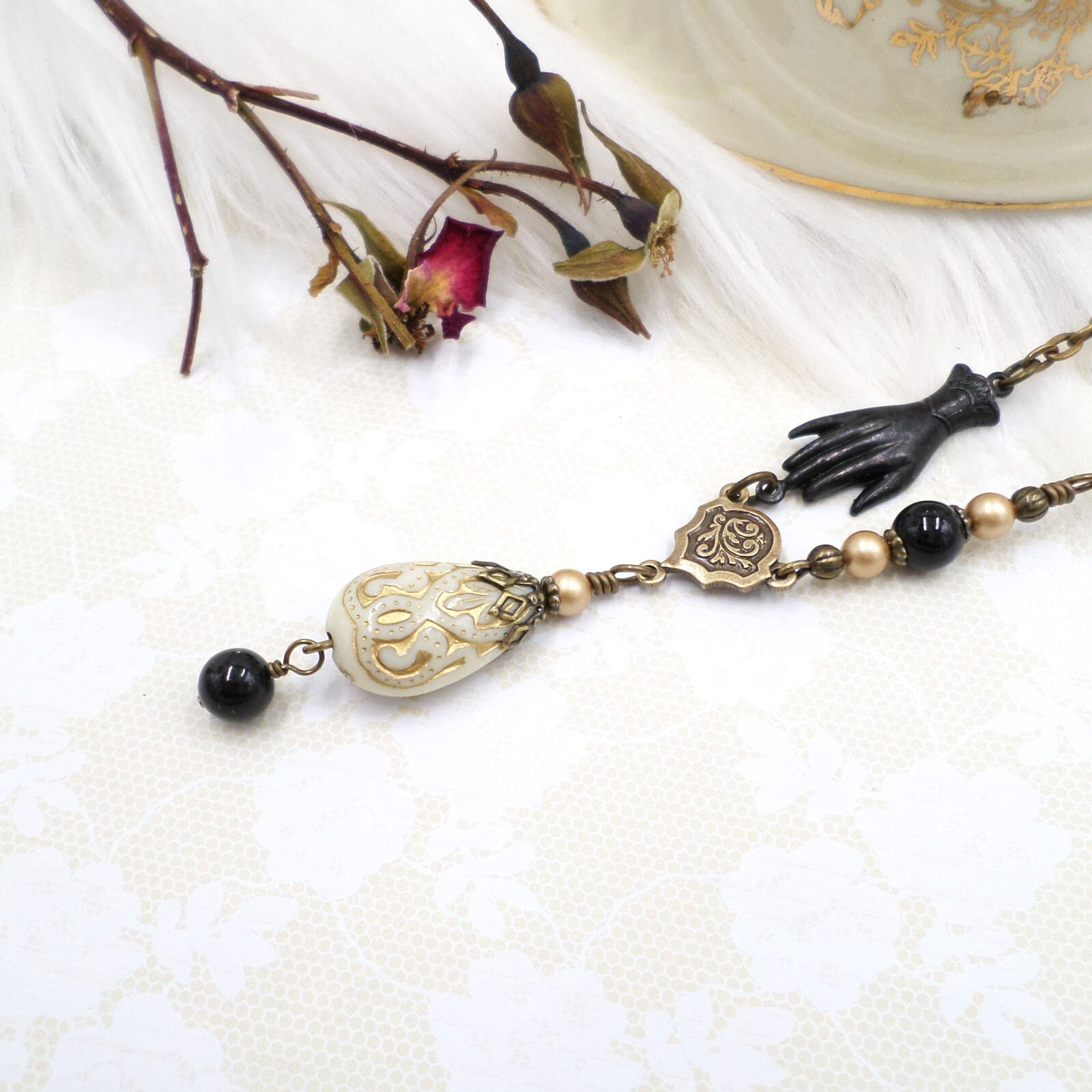 Victorian Reproduction Hand Necklace, Cream Black Gold Acrylic Metal Jewelry
