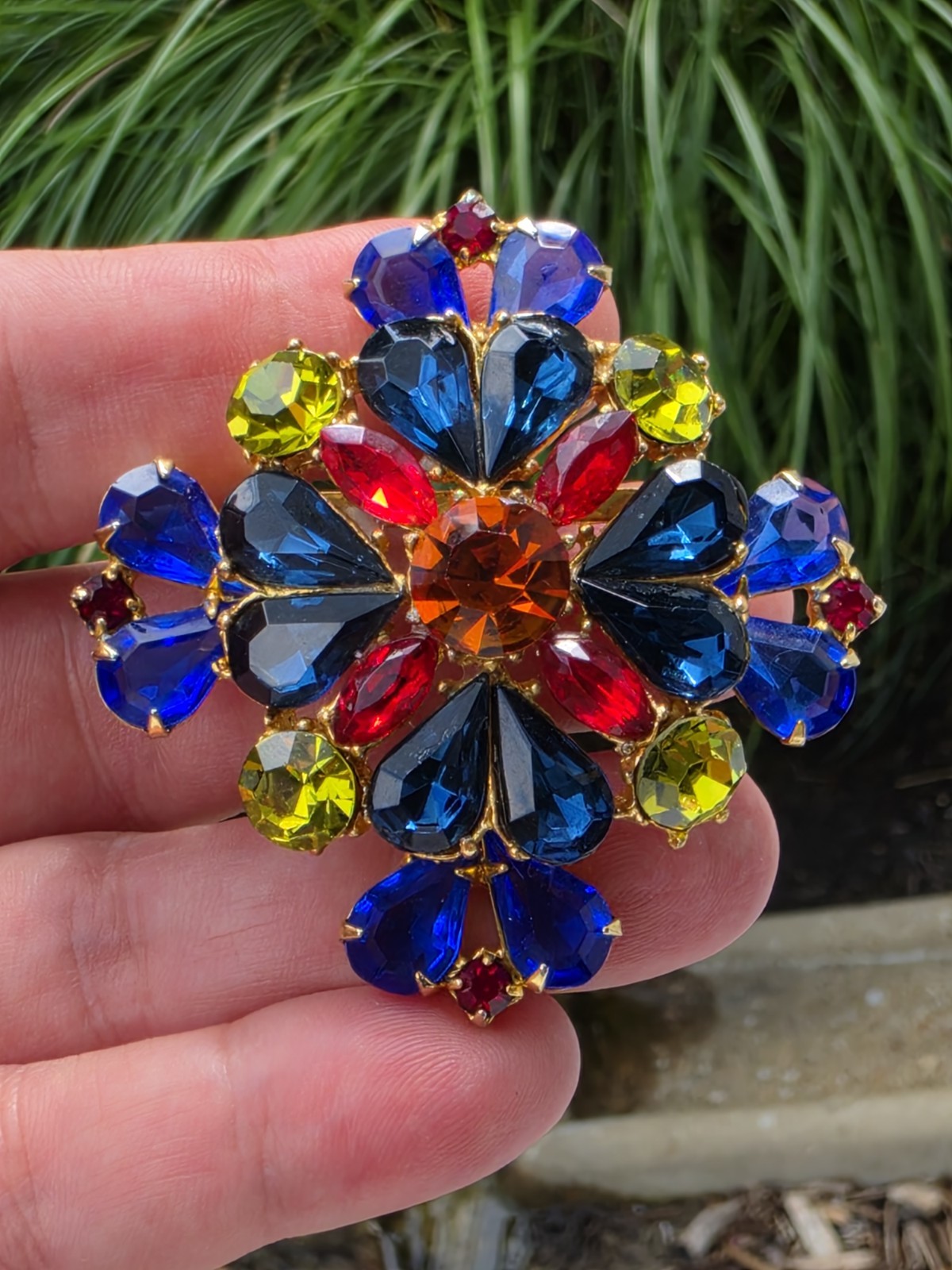 Vintage Signed Edlee Maltese Cross Brooch Multicolor Rhinestones Statement
