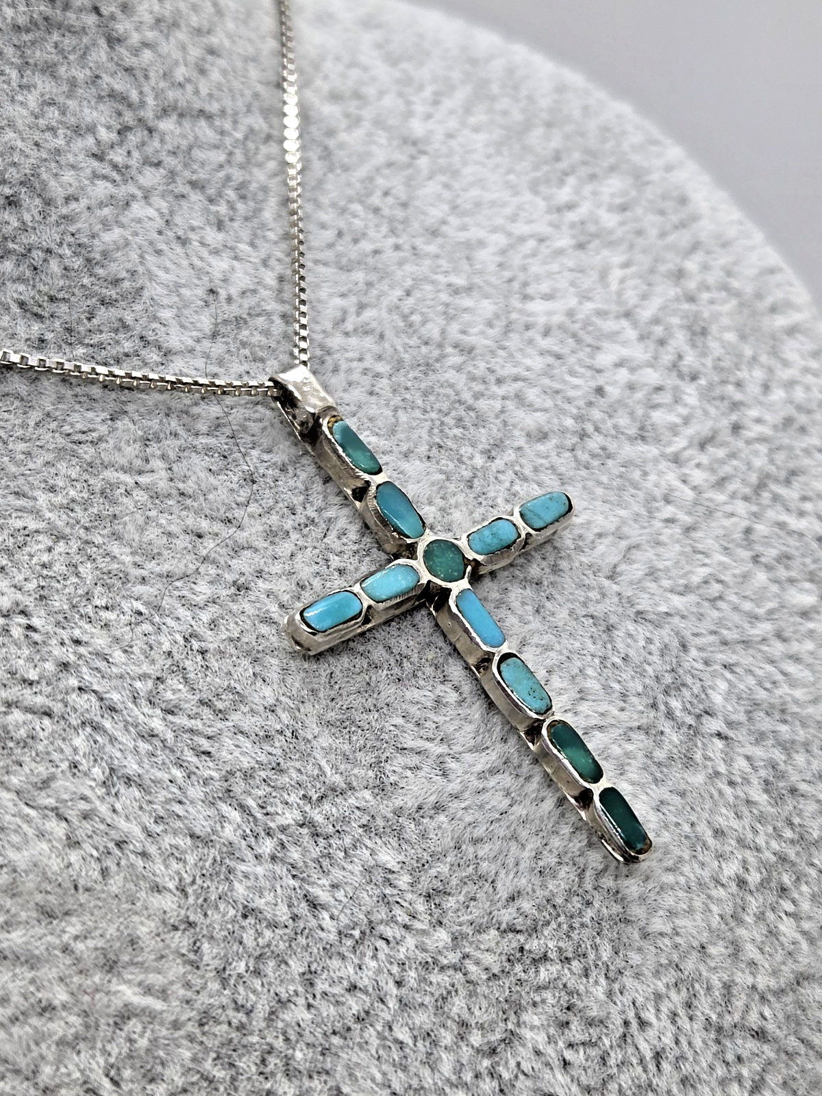 Vintage Handcrafted Native Silver Inlay Turquoise Cross 1.5″ Chain Necklace 18″