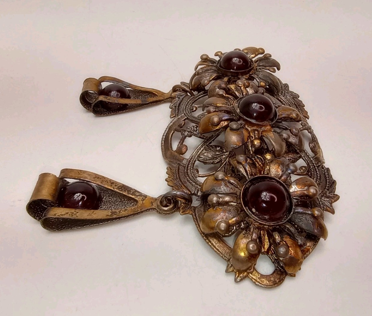 Victorian Floral Dangle Brooch Goldtone Deep Red Cabochons