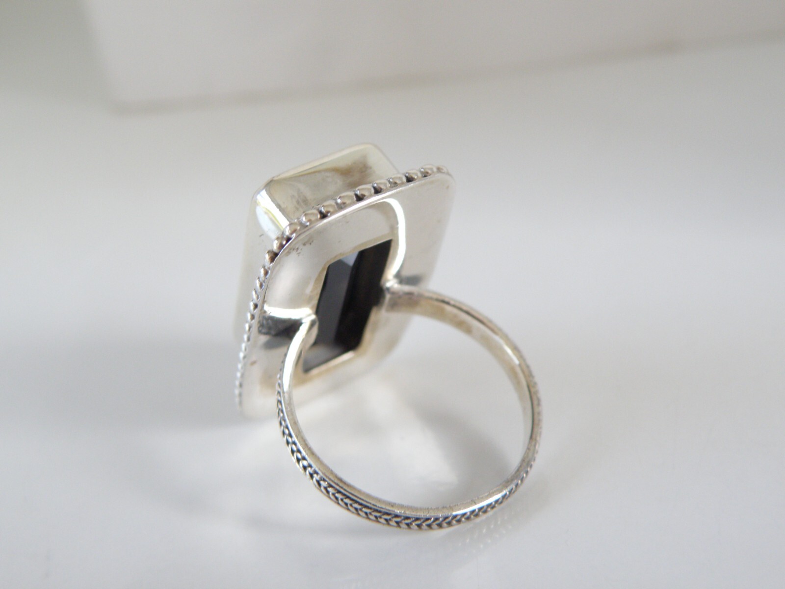 Sterling Silver 925 Natural Black Spinel Tall Elongated Ring Size 7