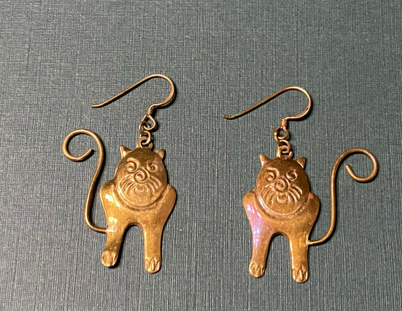 Vintage Brass Cat Dangle Earrings with Cute wire tails – FREE SHIP- USA SELLER