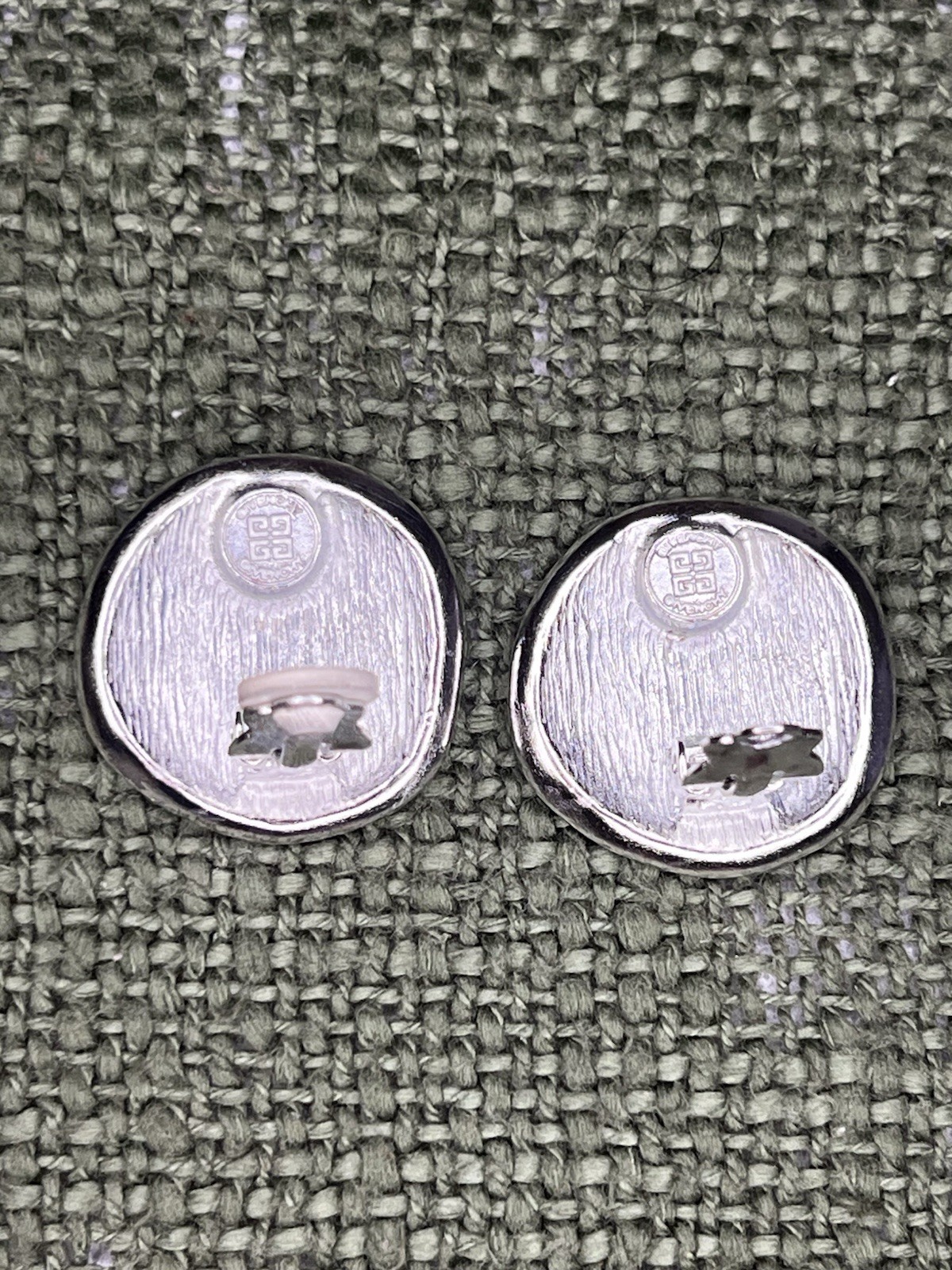 Vintage 80s Givenchy Clip On Earrings 4G Logo OLD MONEY Signed Satin Silver Tone