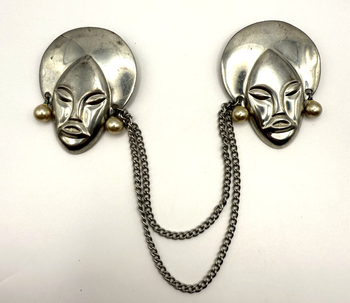 Silver Tone African Sweater Double Pin – Faux Pearl Accents – Retro Jewelry