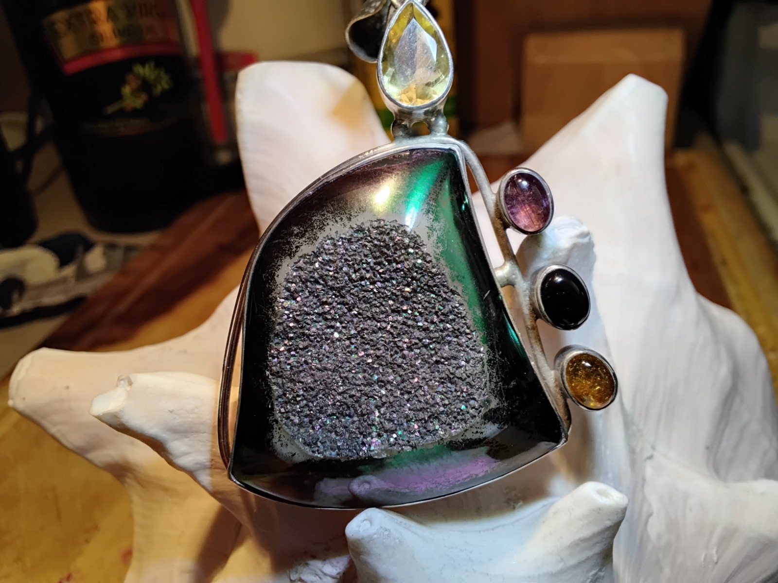 Vintage Sterling Green Drusy Peridot Pendant