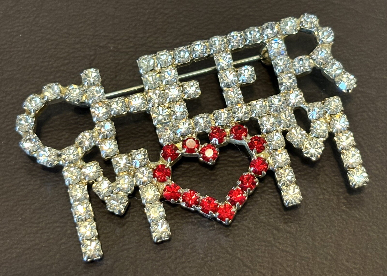 CHEER MOM SILVER TONE CLEAR RHINESTONES Statement RED HEART LARGE