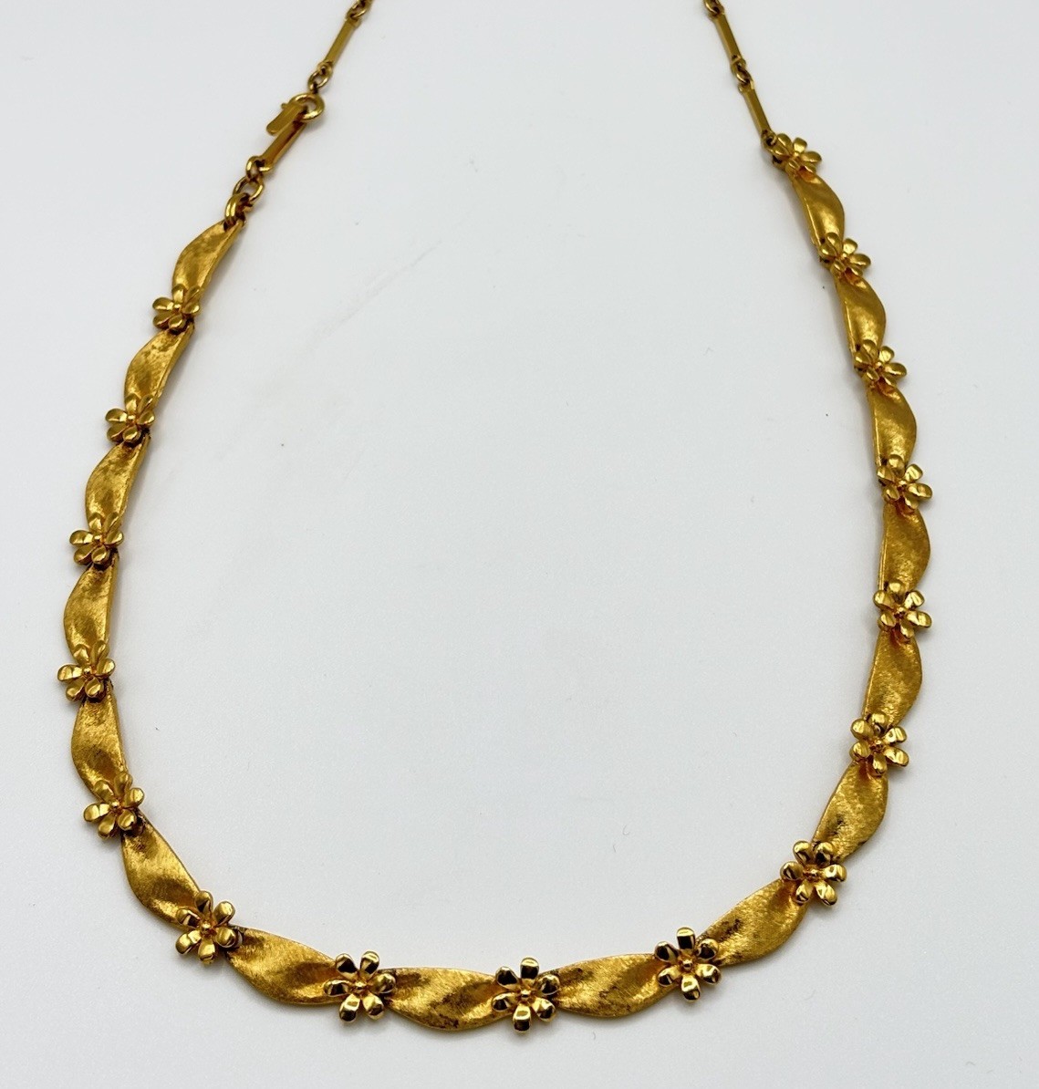Vintage Crown Trifari Birthday Ribbon Flower Brushed Gold Tone Necklace *Read