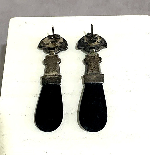 Vintage Signed 925 ND Sterling Black Onyx & Marcasite PE Dangle Earrings