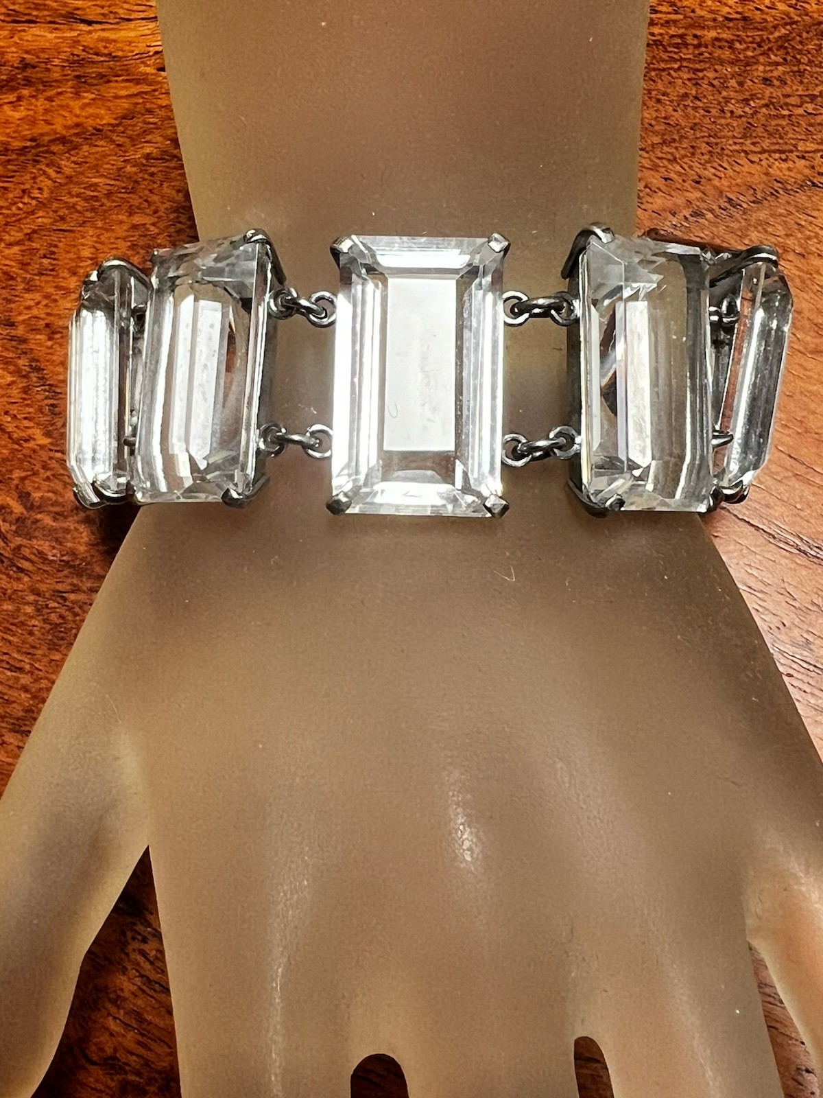 Japan Antique Art Deco Sterling Silver Rock Crystal Large Link Bracelet