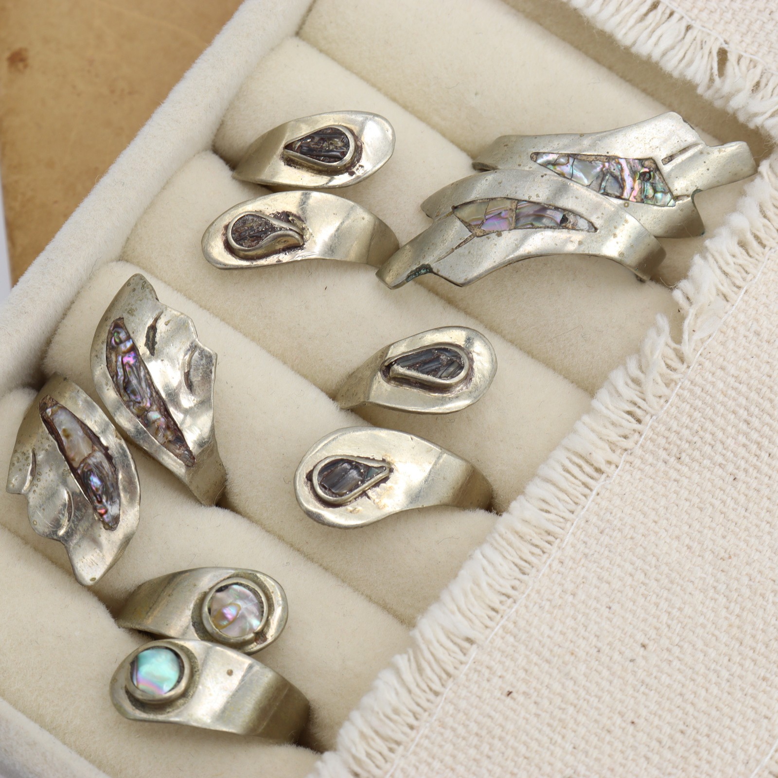 Vtg Mexico Alpaca Abalone Inlay Ring LOT 5 Wrap Shell Silver Metal Tone Mexican