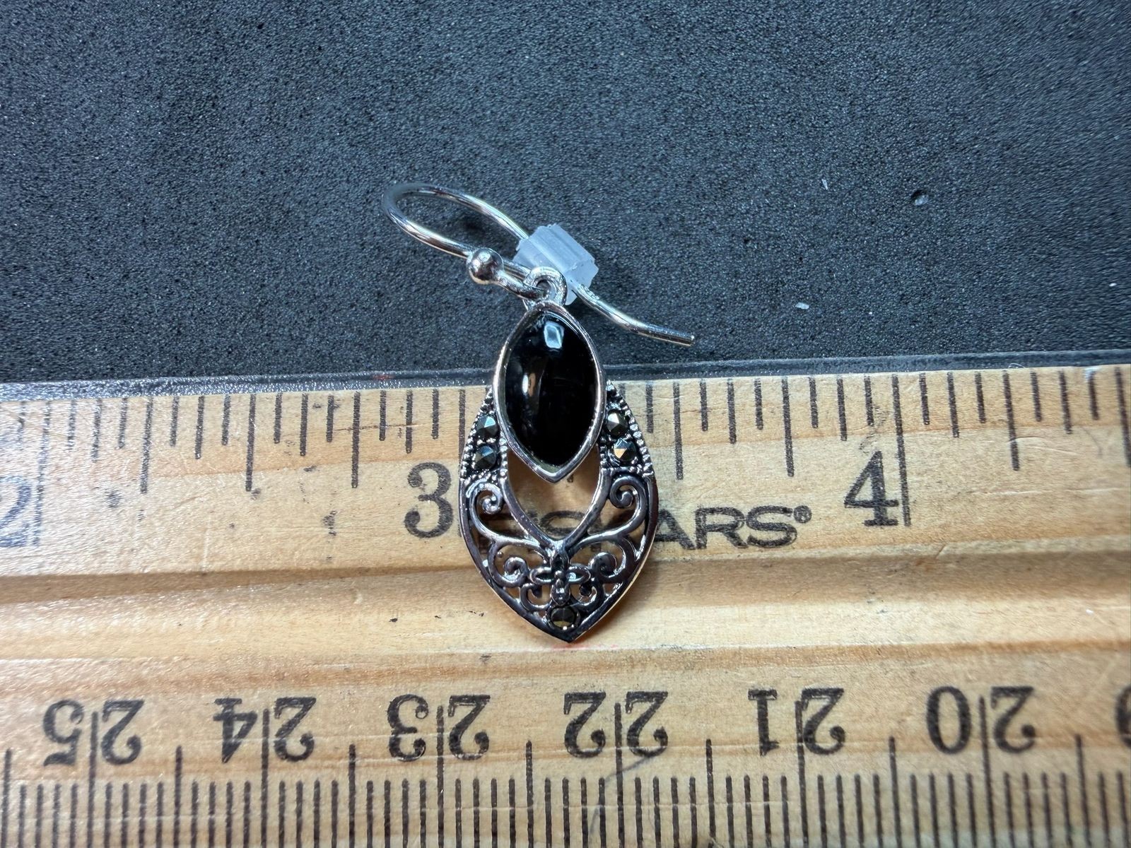 2.85g Vintage Sterling Silver 925 Earrings Ornate Black Accent Drop Dangle M