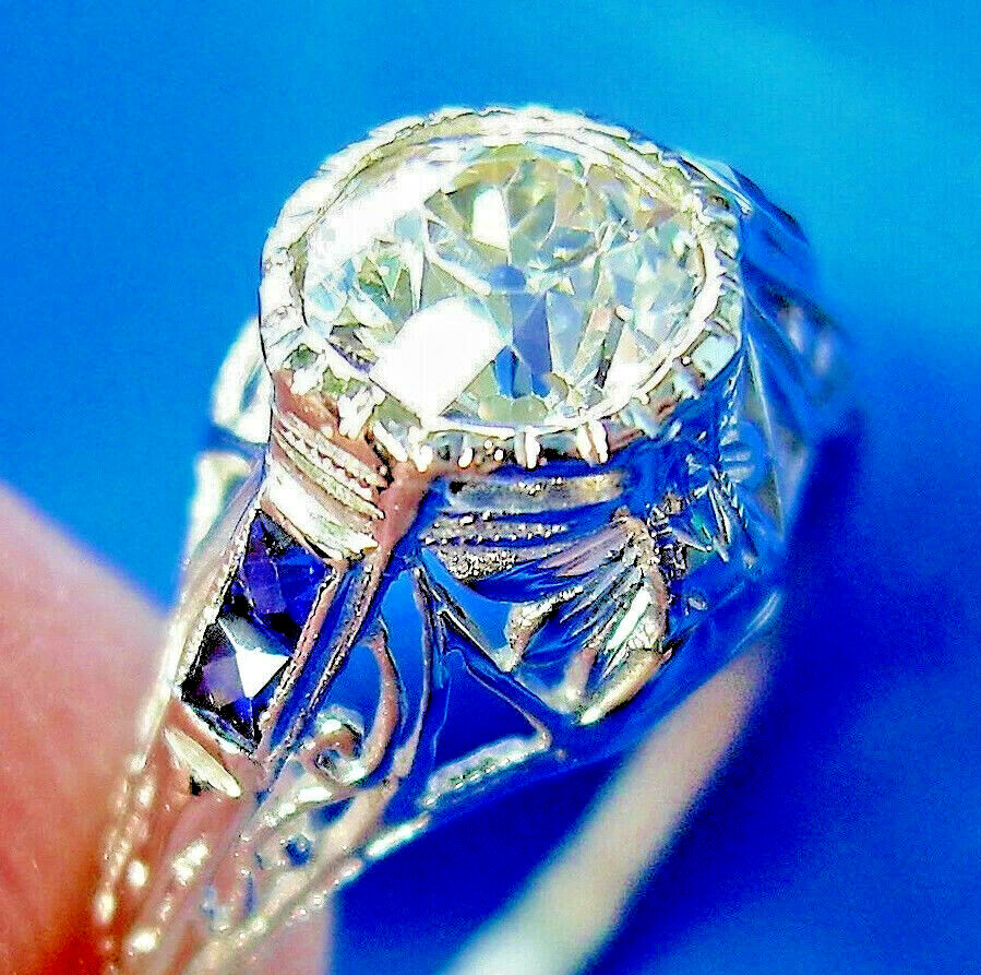 Original EARTH MINED DIAMOND Sapphire Deco Engagement Ring PLATINUM Solitaire 6