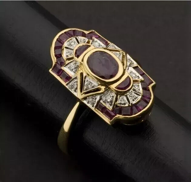 Art Deco Style Lab Created Ruby Diamond Wedding Ring 14K Yellow Gold Finish