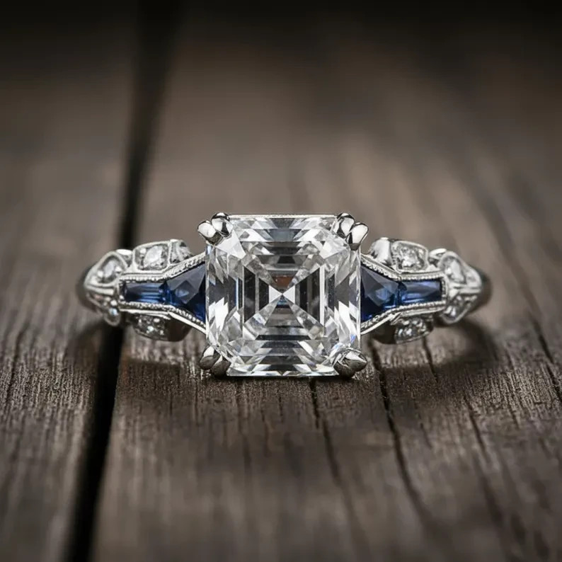 Art Deco Style Asscher Lab Created Diamond & Sapphire 925 Silver Engagement Ring
