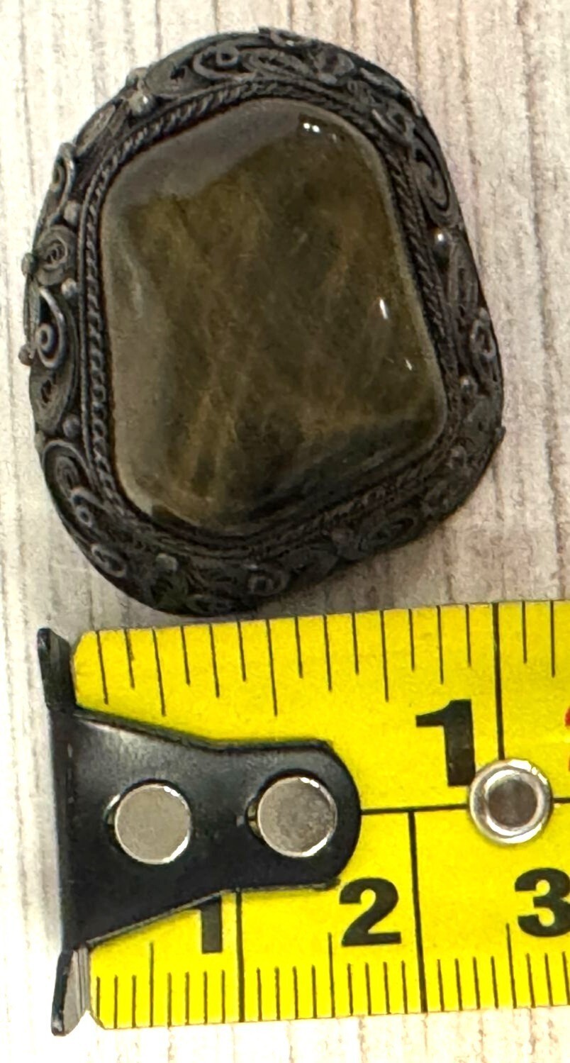 Vintage Large Tiger Eye Gemstone Silver Filigree Bezel Set Brooch