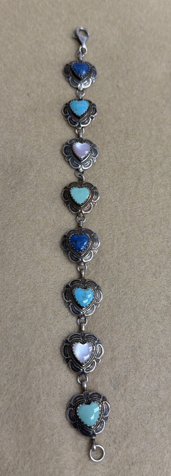 Gorgeous Carolyn Pollack QT Sterling Silver Multi-Stone Etched Heart Bracelet 7”