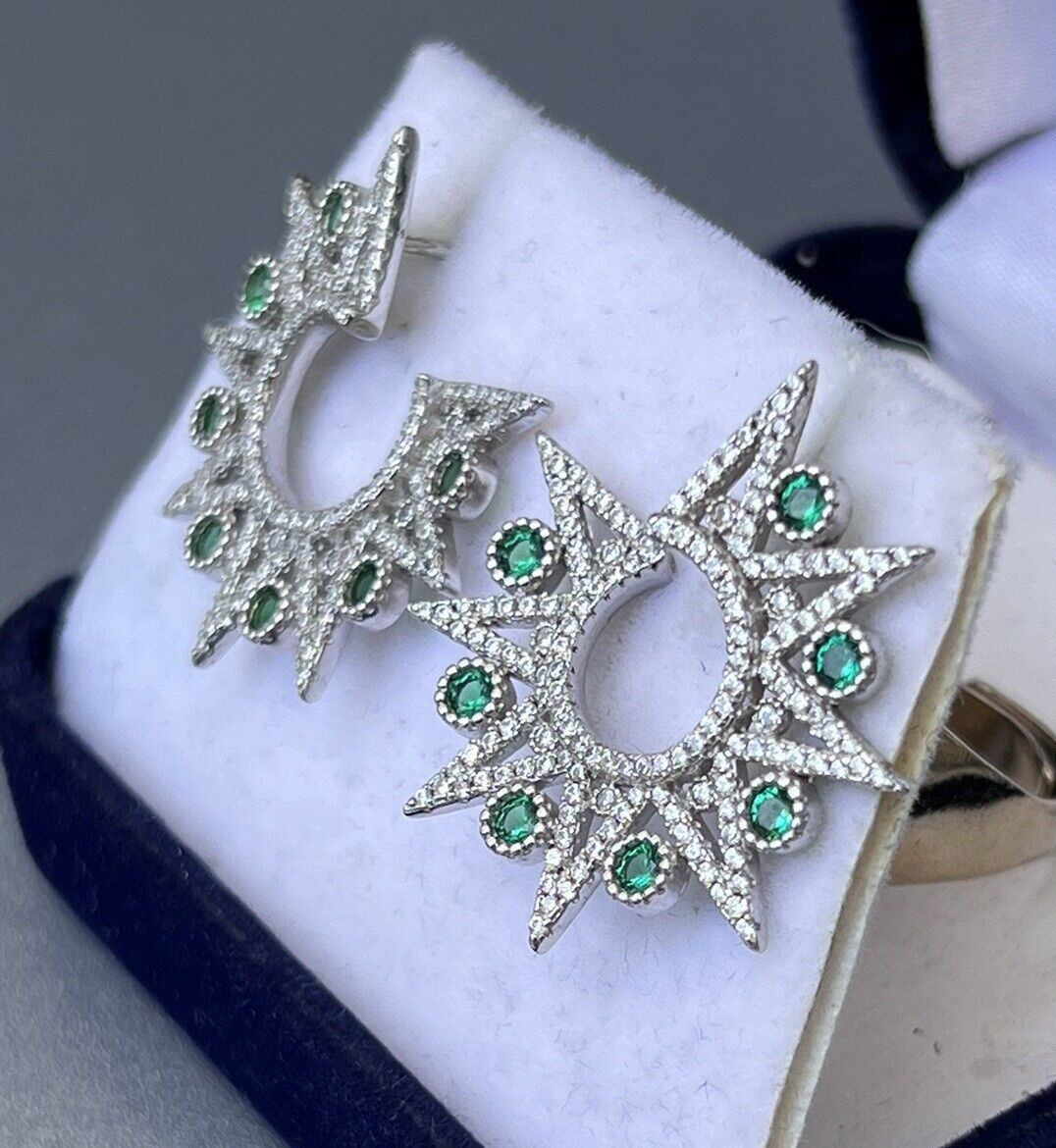 Vtg Sterling Star Point Statement Earrings, Emerald Green & Clear CZ Settings