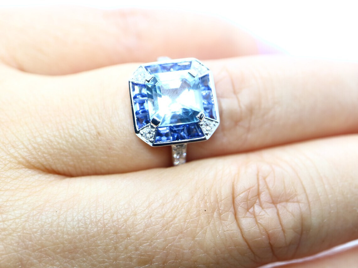 3Ctw Fancy Light Blue Asscher Cut Retro Style Engagement Wedding Ring 925 Silver