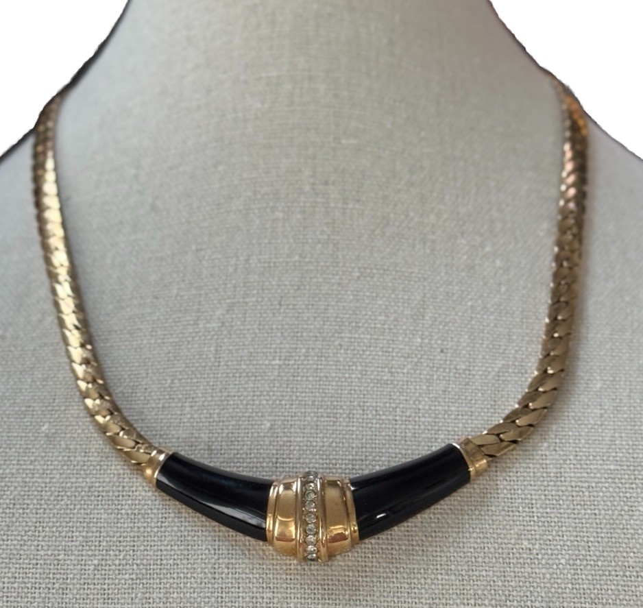 CHRISTIAN DIOR Black Enamel Sparkling Ice Rhinestone Vintage Necklace